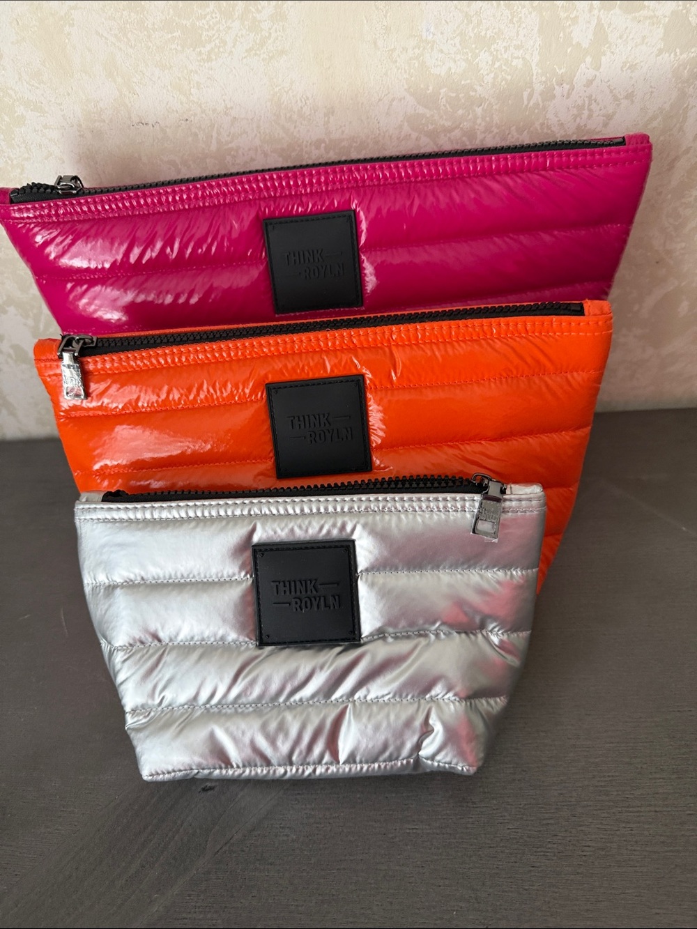 THINK ROYLN Quilted Cosmetic Pouches - Pink, Orange, Silver